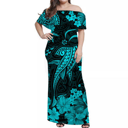 Hawaii Matching Clothes For Couples Hawaii Combo Dress and Hawaiian Shirt Polynesia Turquoise Shark