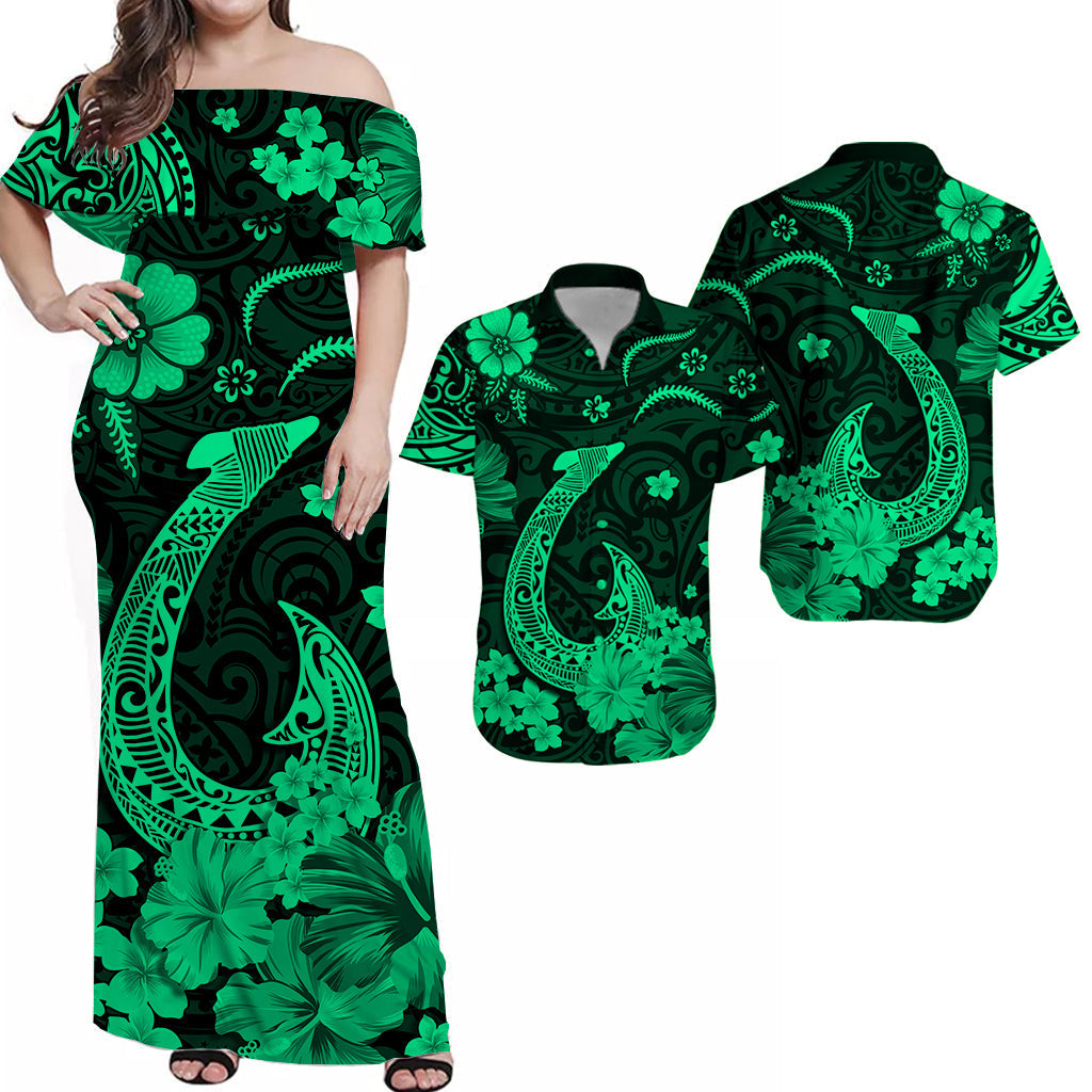 Hawaii Couple Outfits Hawaii Combo Dress and Hawaiian Shirt Polynesia Green Fish Hook