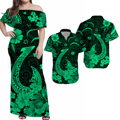 Hawaii Couple Outfits Hawaii Combo Dress and Hawaiian Shirt Polynesia Green Fish Hook