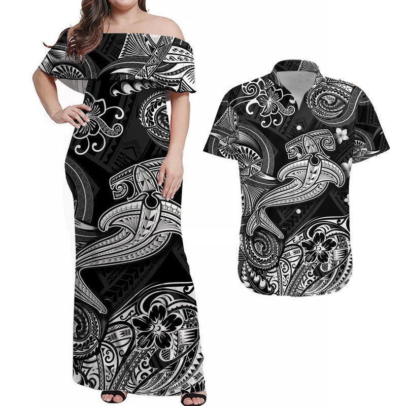 Hawaii Hammer Shark Polynesian Combo Dress and Hawaiian Shirt Matching Couples Outfit Unique Style Black