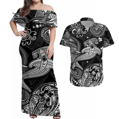 Hawaii Hammer Shark Polynesian Combo Dress and Hawaiian Shirt Matching Couples Outfit Unique Style Black
