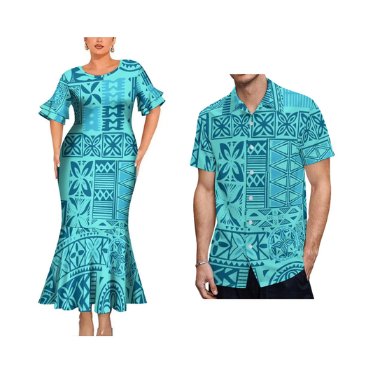 Polynesian Tribal Geometric Pattern Blue Couple Matching Outfit Women Crew Neck Mermaid Dress and Shirt