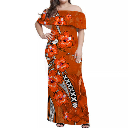 Custom Personalised Hawaii Off Shoulder Long Dress Polynesia Orange Hibiscus and Map Mystical