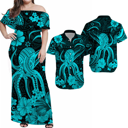 Hawaii Matching Clothes For Couples Hawaii Combo Polynesia Octopus Turquoise Hawaiian Dress and Shirt