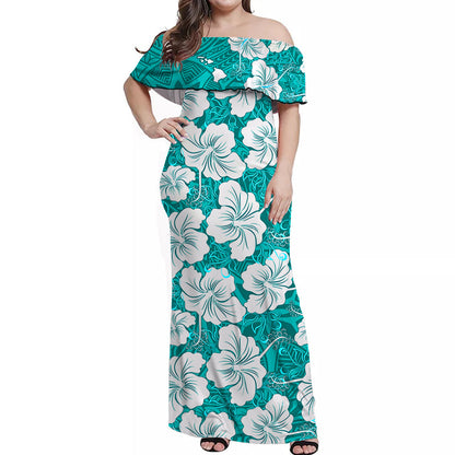 Custom Personalised Hawaii Off Shoulder Long Dress Turquoise Simple Tropical Flowers