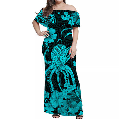 Hawaii Matching Clothes For Couples Hawaii Combo Polynesia Octopus Turquoise Hawaiian Dress and Shirt