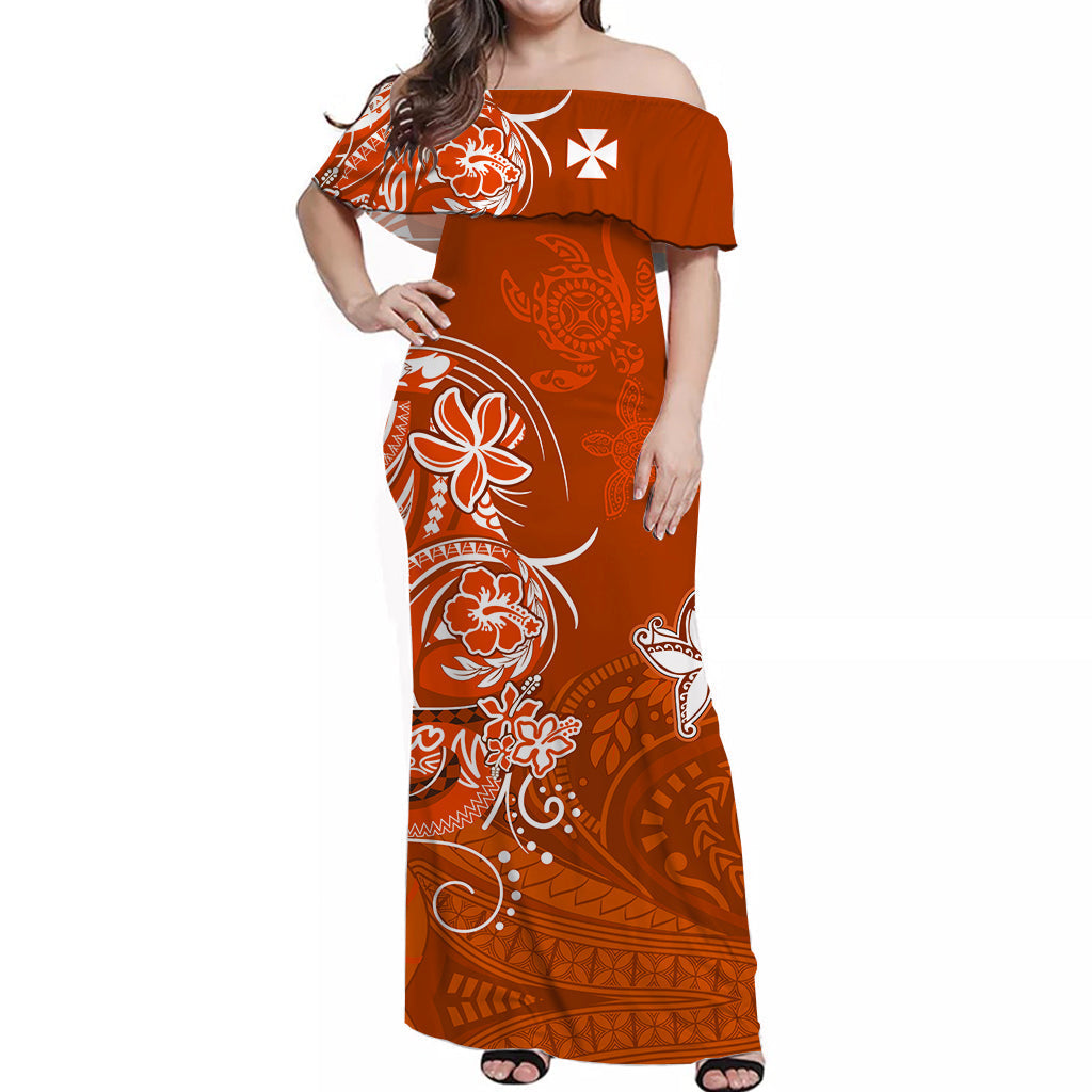Custom Personalised Wallis et Futuna Off Shoulder Long Dress Polynesia Orange Sea Turtle and Flowers