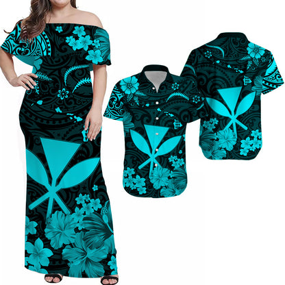 Hawaii Matching Clothes For Couples Hawaii Combo Polynesia Kanaka Maoli Turquoise Hawaiian Dress and Hawaiian Shirt