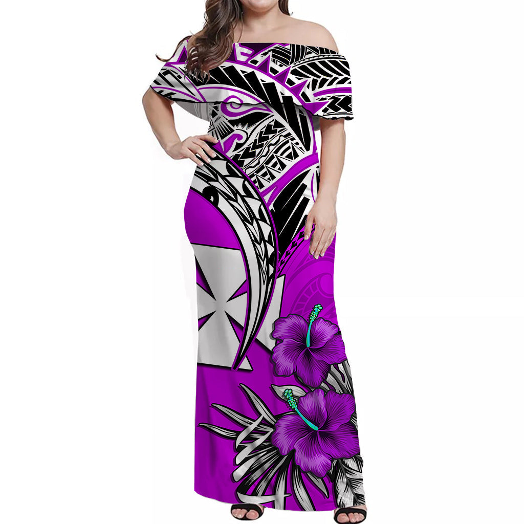 Wallis et Futuna Off Shoulder Long Dress Polynesian Pattern and Hibiscus Flowers Version Purple