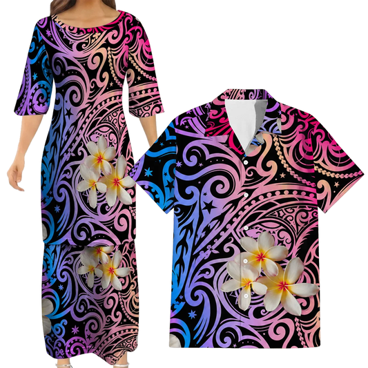 Plumeria Flowers Pattern Yellow Matching Outfit For Couple Island Polynesian Tribal Purple Puletasi Dress And Shirt