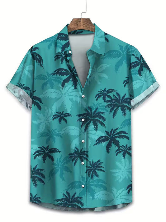 Coconut Tree Print Men's Hawaiian Shirt Tropical Beach Short Sleeve Button Printed Shirt For Him