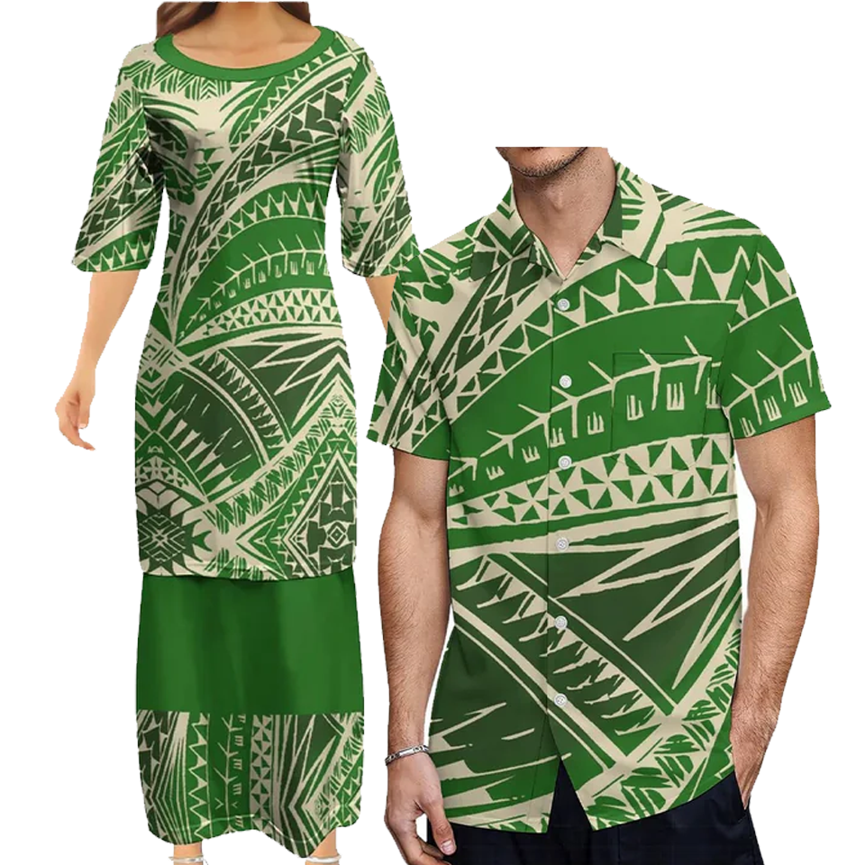 Green Polynesian Tribe Samoa Print Women'S Clothing Asian And Pacific Island Clothing Samoa Puletasi Couple Set
