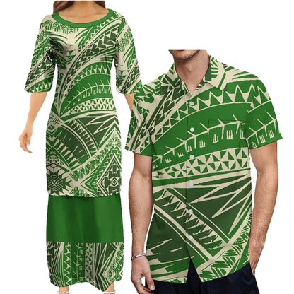 Green Polynesian Tribe Samoa Print Women'S Clothing Asian And Pacific Island Clothing Samoa Puletasi Couple Set