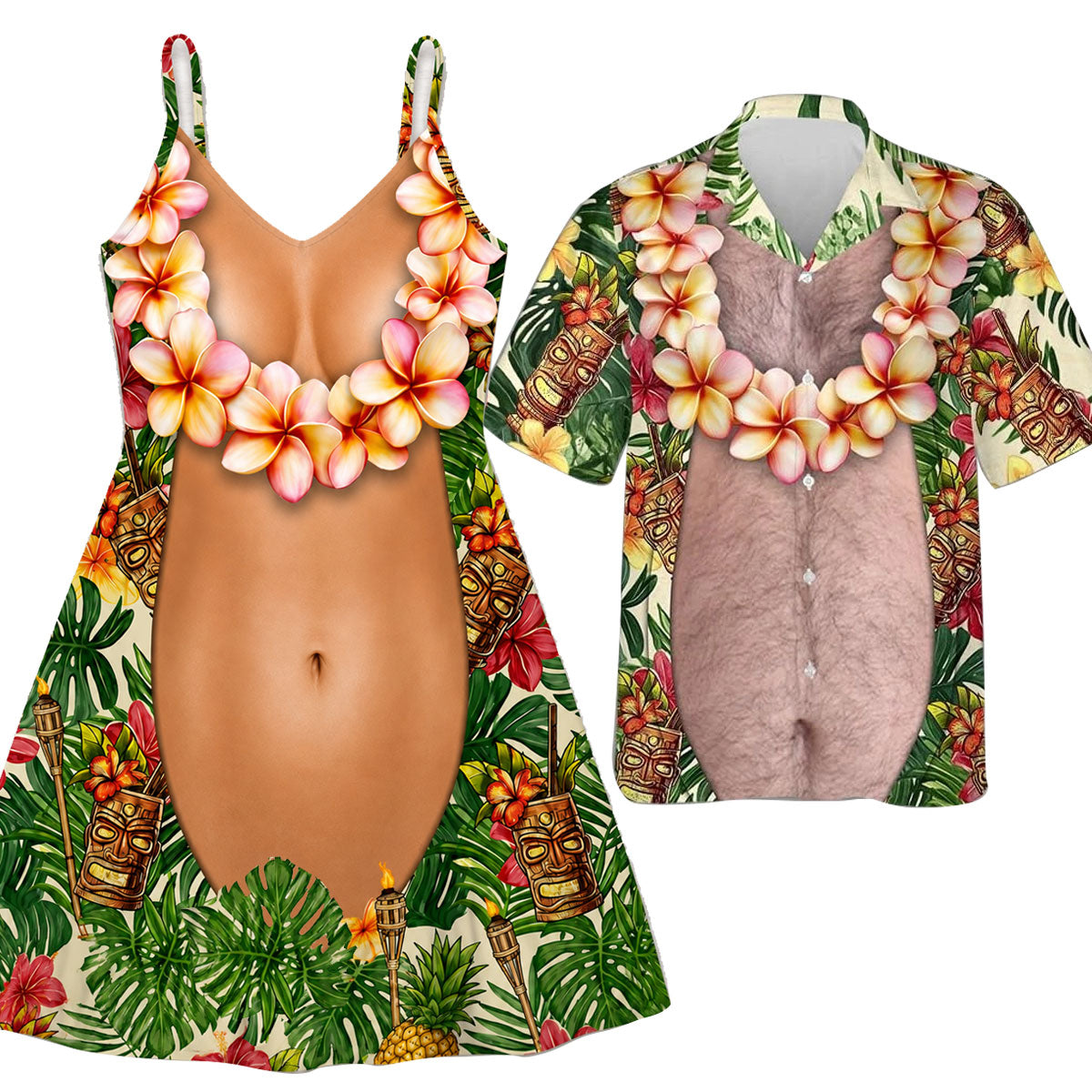Funny Couple Matching Outfit Polynesian Pattern Women Strap Short Swing Dress And Big Belly Shirt