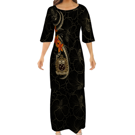 Samoa Coat Of Arms Black Couple Outfit Matching Polynesian Plumeria Flowers Pattern Dress And Hawaiian Shirt