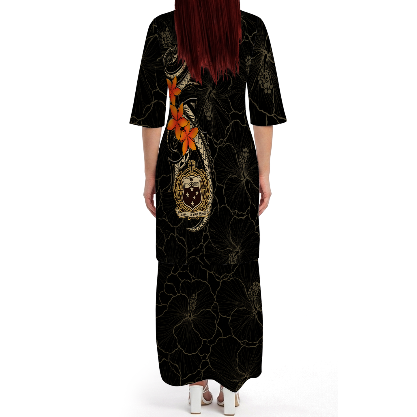 Samoa Coat Of Arms Black Couple Outfit Matching Polynesian Plumeria Flowers Pattern Dress And Hawaiian Shirt