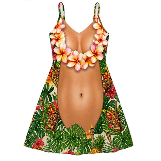 Funny Couple Matching Outfit Polynesian Pattern Women Strap Short Swing Dress And Big Belly Shirt