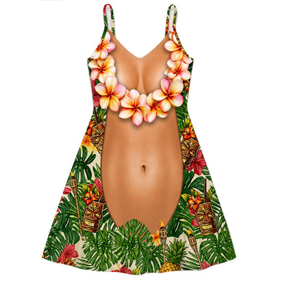 Funny Couple Matching Outfit Polynesian Pattern Women Strap Short Swing Dress And Big Belly Shirt