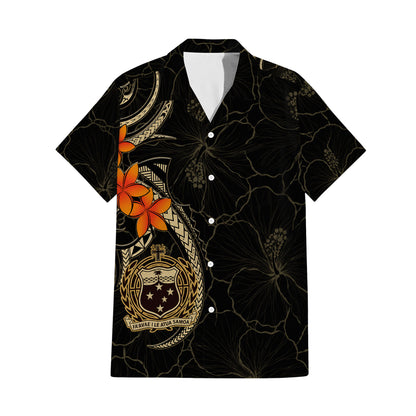 Samoa Coat Of Arms Black Couple Outfit Matching Polynesian Plumeria Flowers Pattern Dress And Hawaiian Shirt
