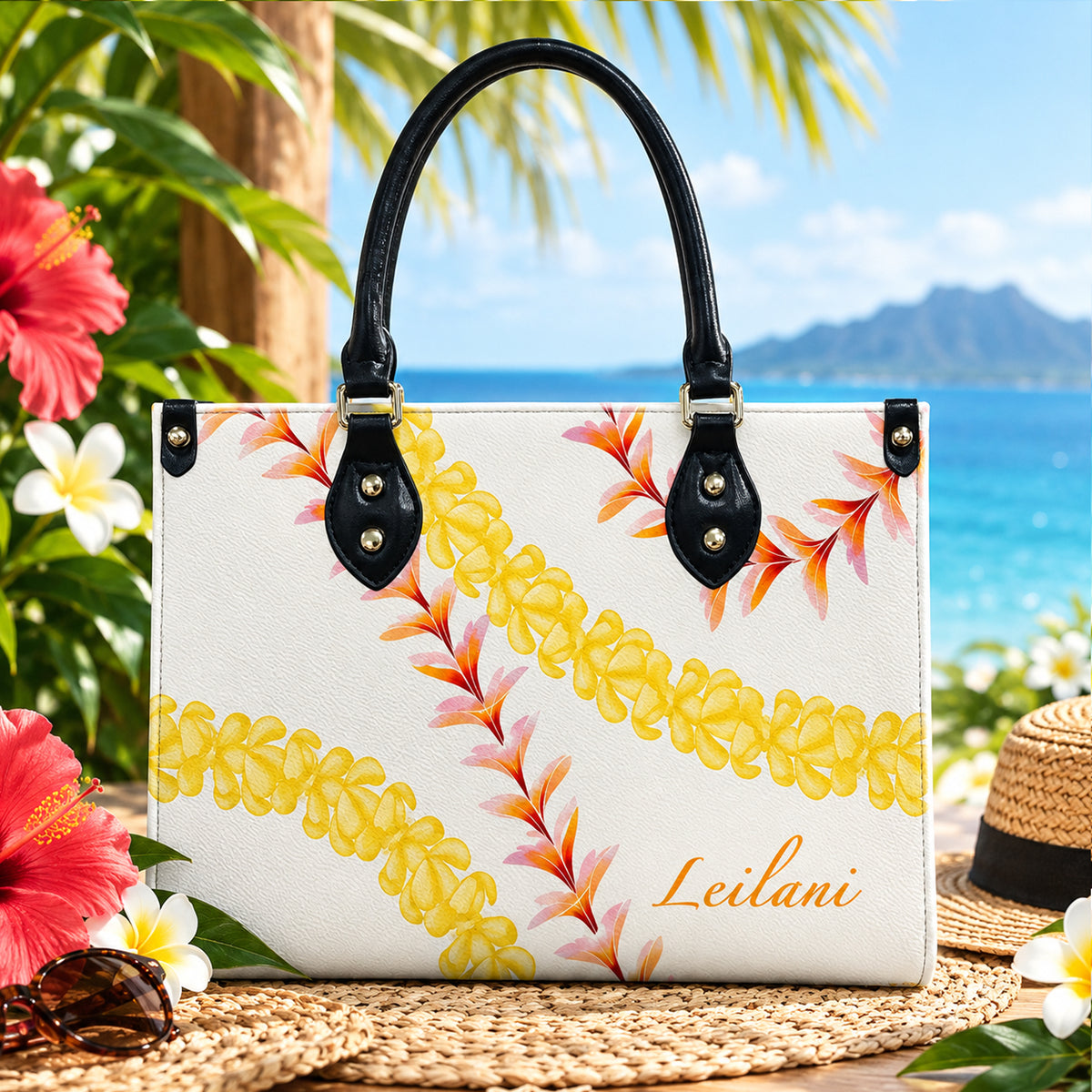 Custom Name Puakenikeni Hawaiian Flower Lei Leather Handbag