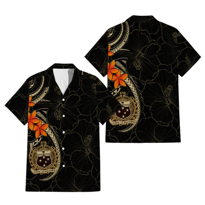 Samoa Coat Of Arms Black Couple Outfit Matching Polynesian Plumeria Flowers Pattern Dress And Hawaiian Shirt