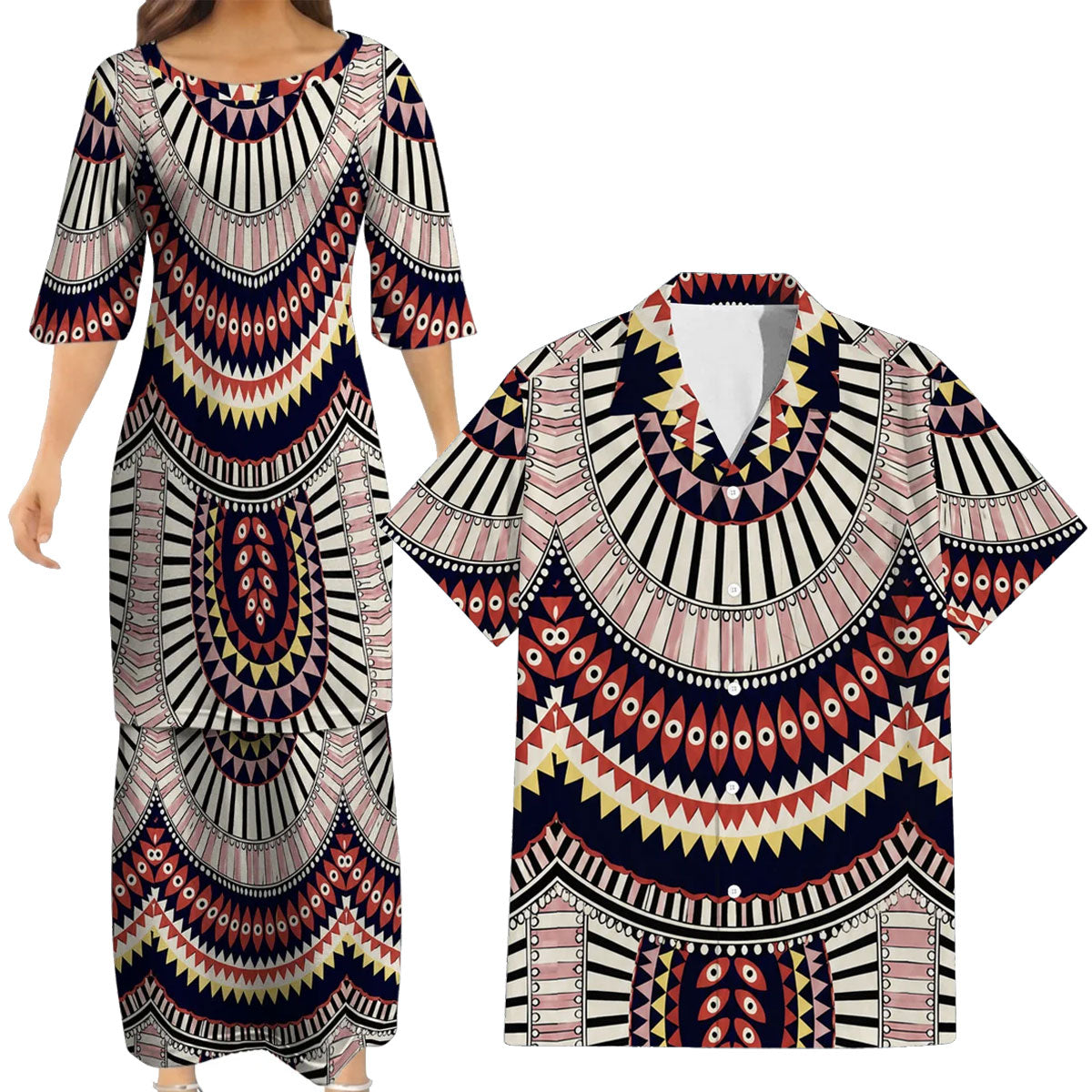 Vintage Pattern Matching Outfit For Couple Island Puletasi Dress And Hawaiian Shirt For Her Him