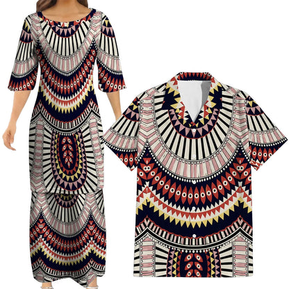 Vintage Pattern Matching Outfit For Couple Island Puletasi Dress And Hawaiian Shirt For Her Him