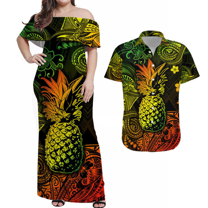 Matching Hawaiian Outfits Hawaii Pineapple Polynesian Combo Dress and Hawaiian Shirt Matching Couples Outfit Unique Style Reggae