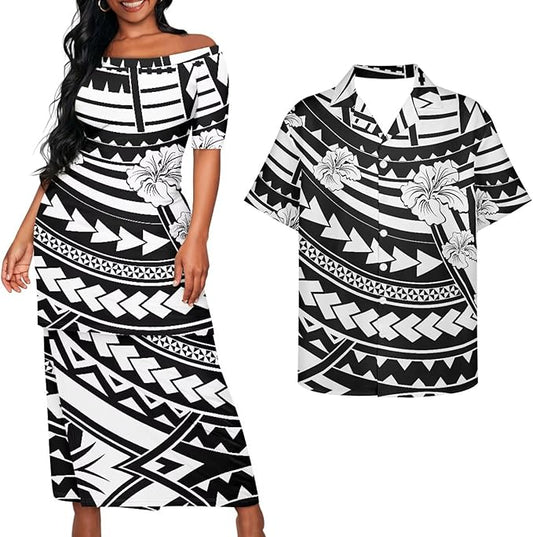 Hibiscus Flowers Polynesian Tribal Couple Outfit Puletasi Dress Polynesian Pattern Shirts for Men Puletasi Traditional Dress