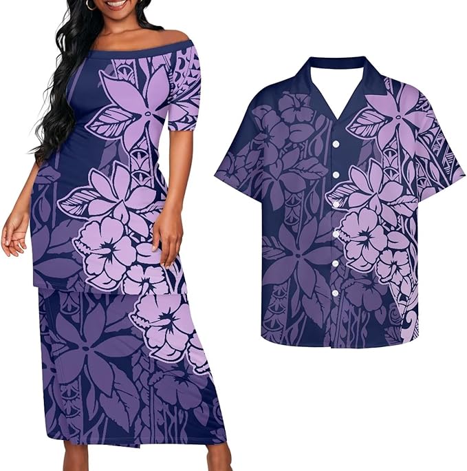 Tropical Polynesian Tribal Pattern Matching Outfit Puletasi Dress Polynesian Pattern Shirts for Men Puletasi Traditional Dress Couple Set