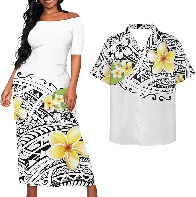 Samoa Plumeria Flowers Couple Outfit Puletasi Dress Polynesian Pattern Shirts for Men Puletasi Traditional Dress Hawaiian