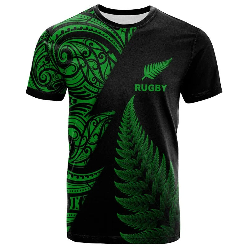Green New Zealand Maori Rugby T Shirt Unisex Polynesian Silver Fern Leaf Shirt Round Neck Short Sleeves Tops