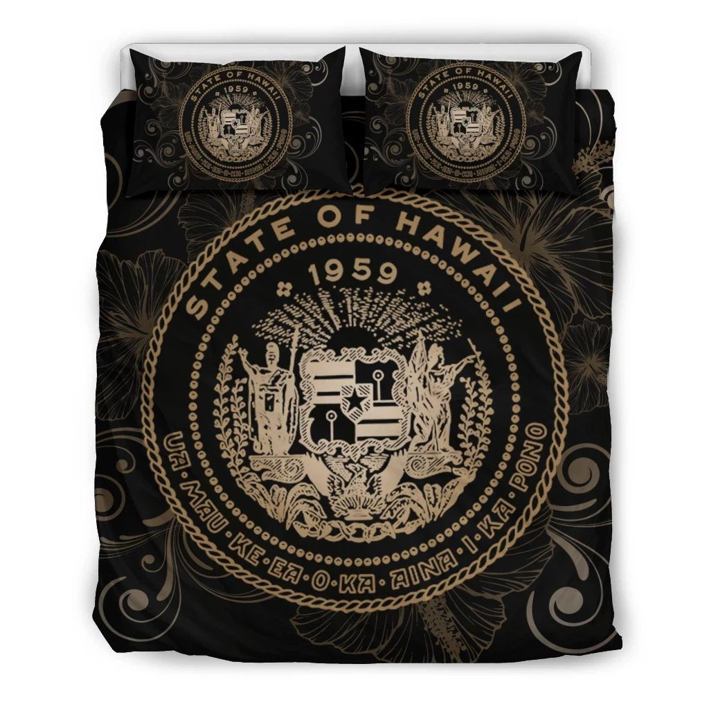 Hawaiian Hibiscus Flag Coat Of Arms Polynesian Bedding Set Gold Royal Style
