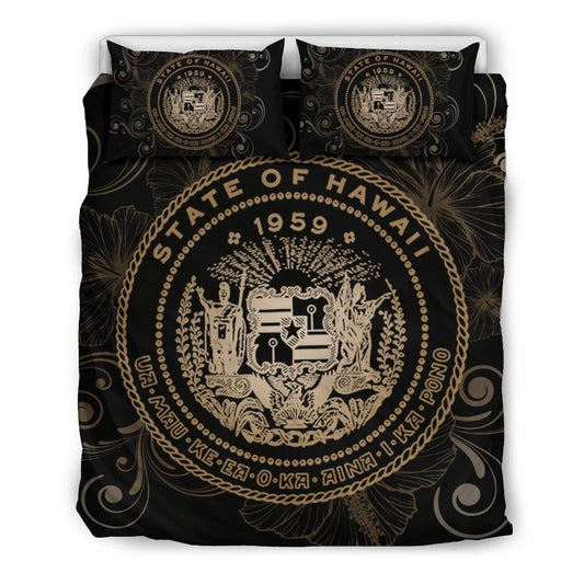 Hawaiian Hibiscus Flag Coat Of Arms Polynesian Bedding Set Gold Royal Style