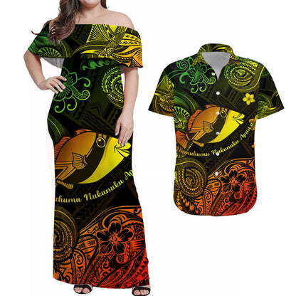 Hawaii State Fish: Humuhumu Nukunuku Apuaa Polynesian Combo Dress and Hawaiian Shirt Matching Couples Outfit Unique Style Reggae