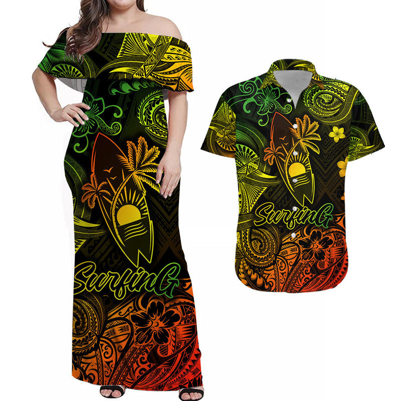 Hawaii Surfing Polynesian Combo Dress and Hawaiian Shirt Matching Couples Outfit Unique Style Reggae