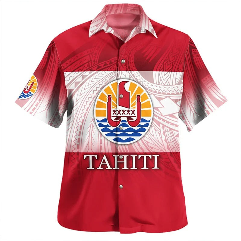 Red Tahiti Coat Of Arms Polynesian Tribal Hawaiian Shirts For Men Tahitian Summer Button Shirt
