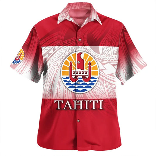 Red Tahiti Coat Of Arms Polynesian Tribal Hawaiian Shirts For Men Tahitian Summer Button Shirt