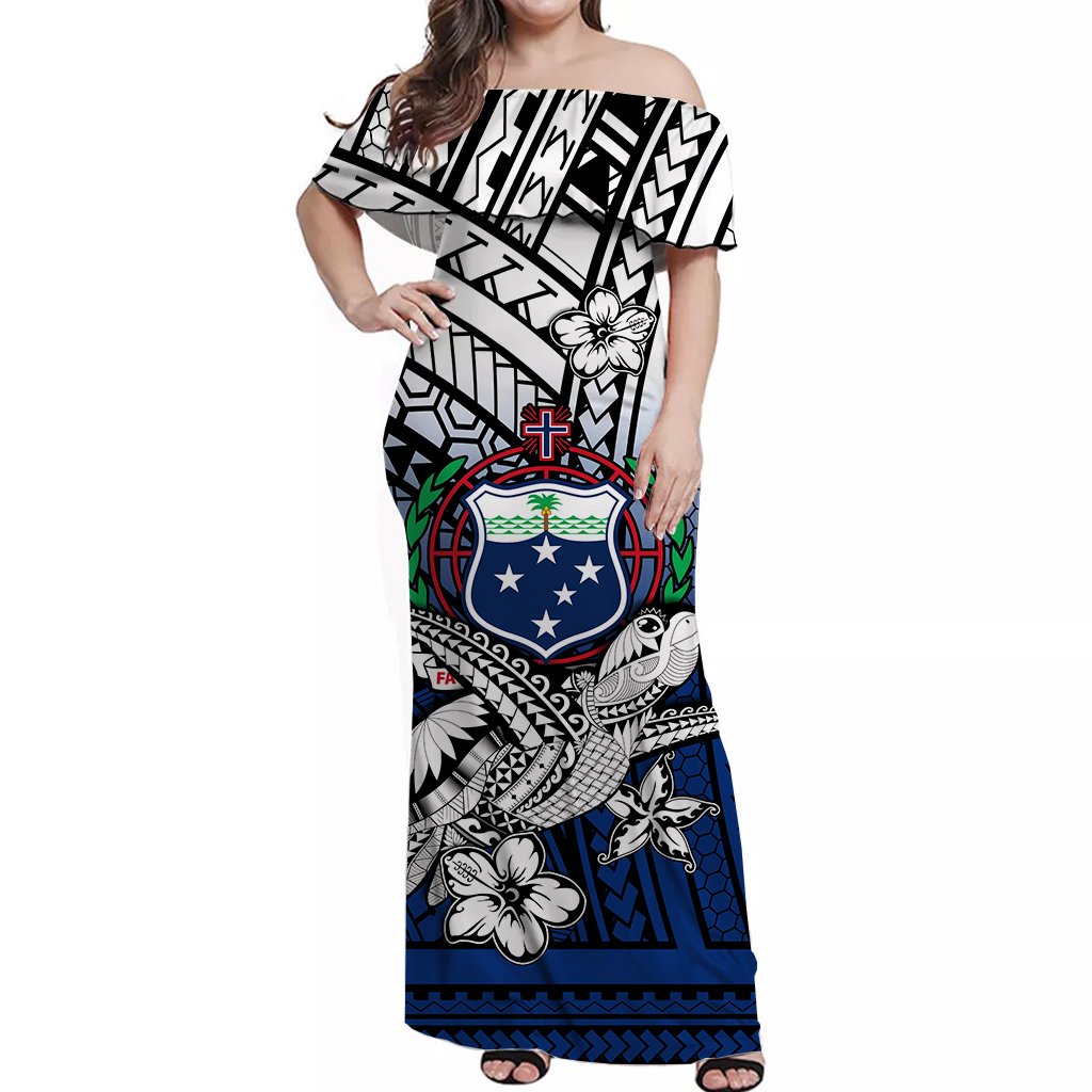 Samoa Off Shoulder Long Dress Hibiscus Flowers Blue