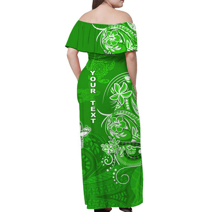Custom Personalised Hawaii Off Shoulder Long Dress Polynesia Green Sea Turtle Honu and Map