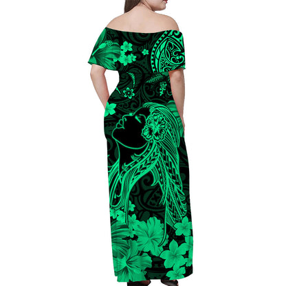 Hawaii Off Shoulder Long Dress Polynesia Green Beautiful Hula Girl