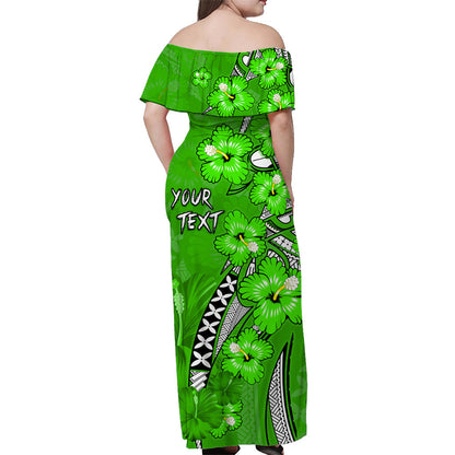 Custom Personalised Hawaii Off Shoulder Long Dress Polynesia Green Hibiscus and Map Mystical