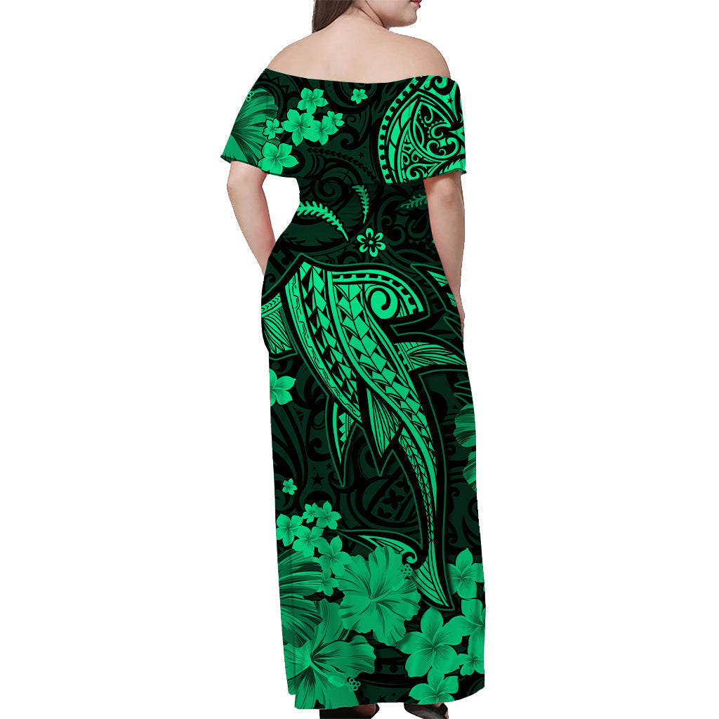 Hawaii Off Shoulder Long Dress Polynesia Green Shark