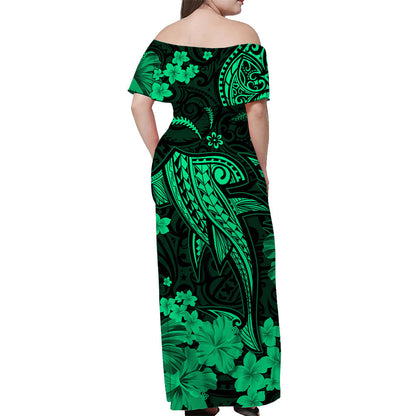 Hawaii Off Shoulder Long Dress Polynesia Green Shark