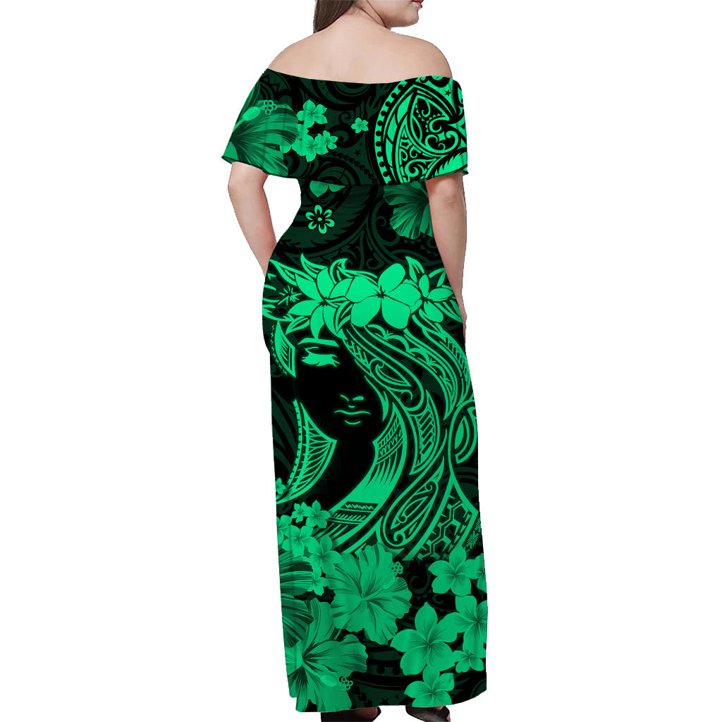 Hawaii Off Shoulder Long Dress Polynesia Green Attractive Hula Girl