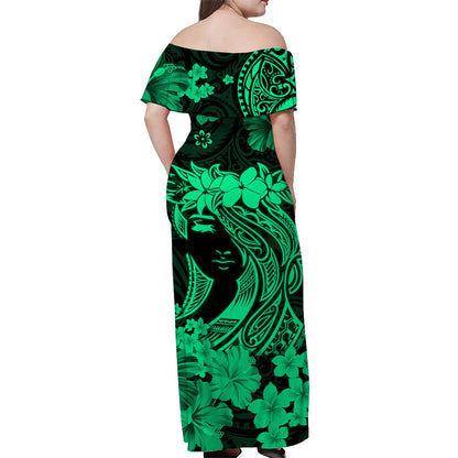 Hawaii Off Shoulder Long Dress Polynesia Green Attractive Hula Girl