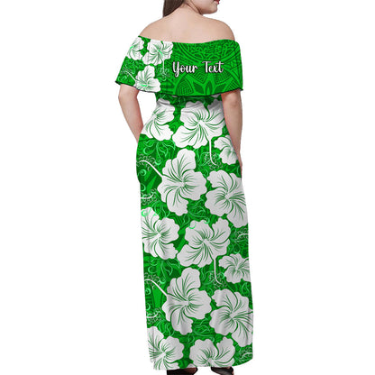 Custom Personalised Hawaii Off Shoulder Long Dress Green Simple Tropical Flowers