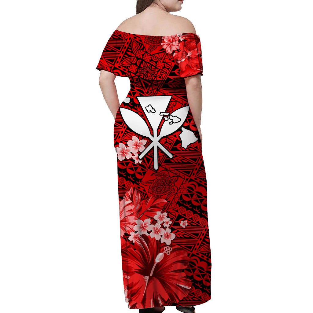 Custom Personalised Hawaii Off Shoulder Long Dress Map and Turtle Red Flowers