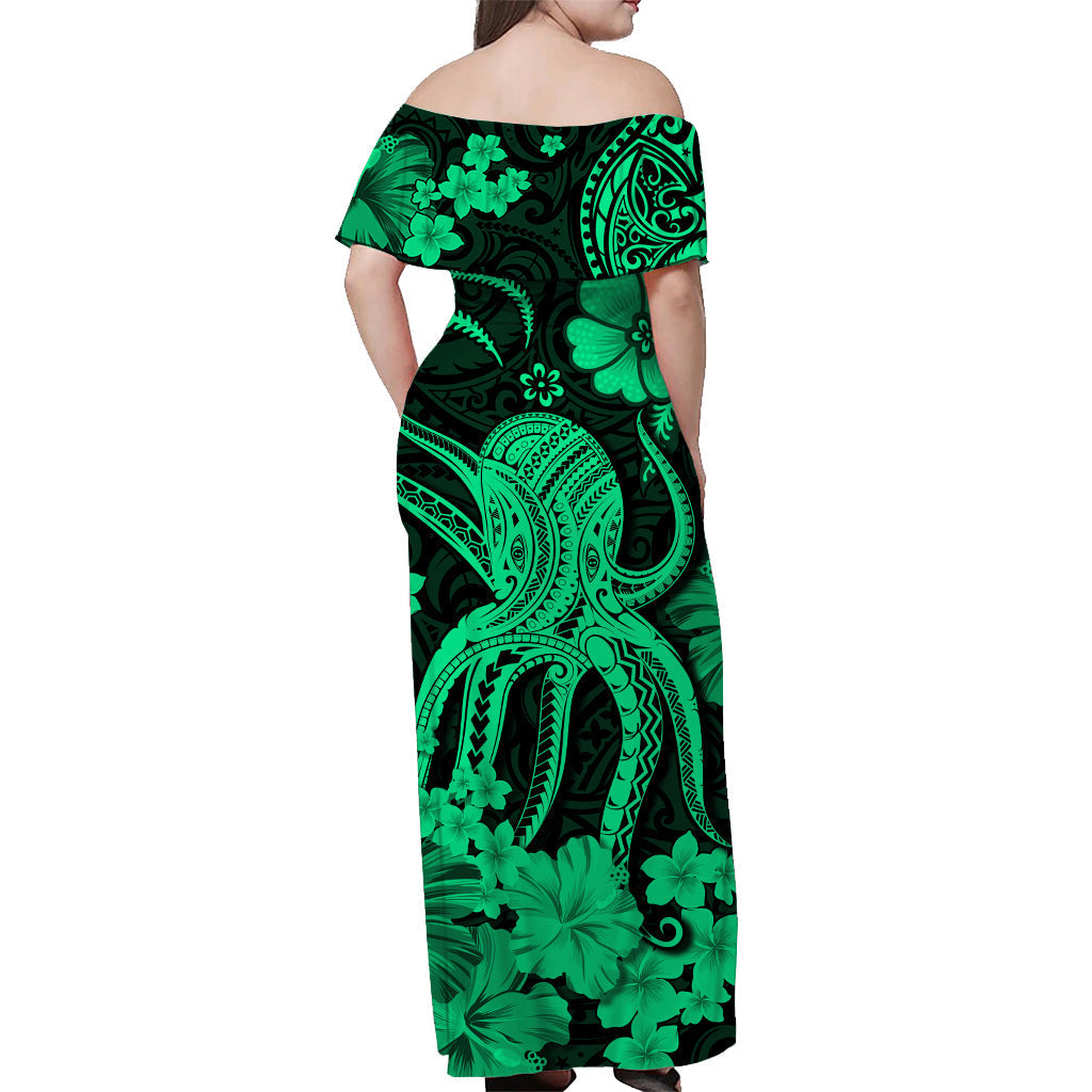 Hawaii Off Shoulder Long Dress Polynesia Green Octopus