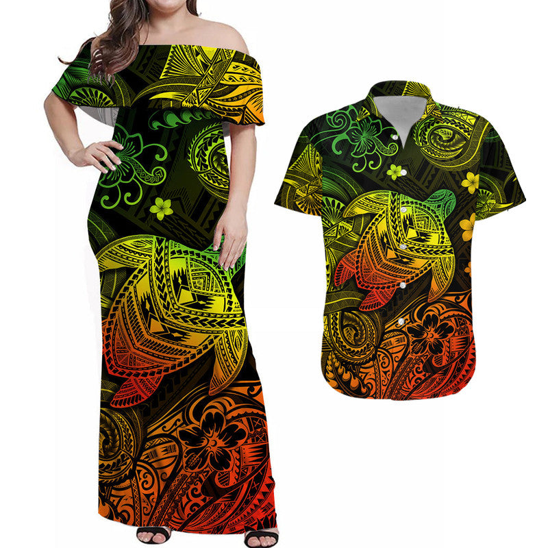 Hawaii Turtle Polynesian Combo Dress and Hawaiian Shirt Matching Couples Outfit Plumeria Flower Unique Style Reggae